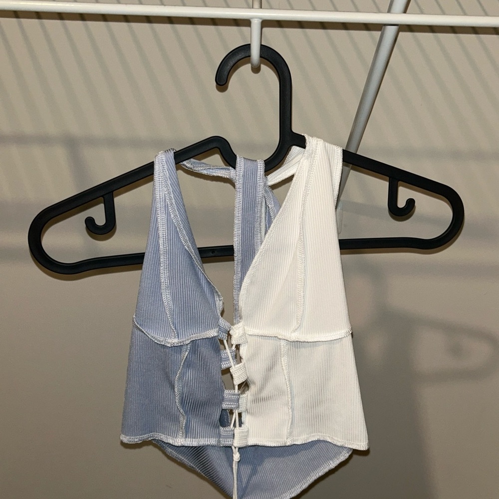 Blue and White Halter Crop Top - Picture 3 of 4